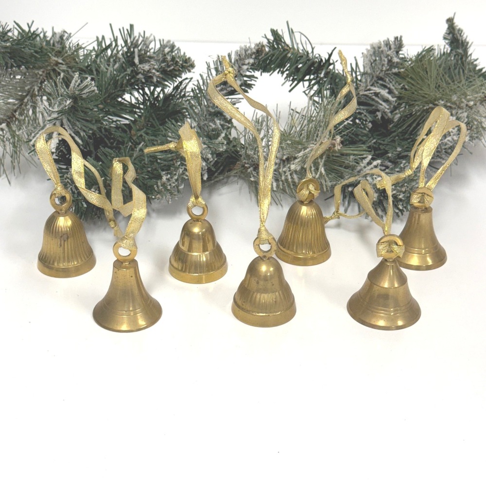 Vintage Brass Christmas Bell Ornaments Set of 7 Gold Ribbon Hanging Decor